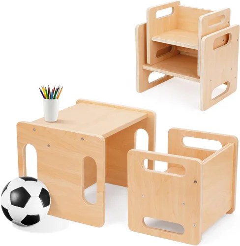 OOOK Juego de Mesa y Silla de Destete Montessori, Juego de Mesa y Silla de Actividades para Niños con Valla para Leer, Jugar, Hora de Merienda,