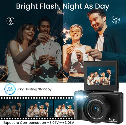 Miniatura 6 de Cámara digital 4K para fotografía, enfoque automático antivibraciones de 64 MP para YouTube, pantalla abatible de 180° de 3 pulgadas, cámara