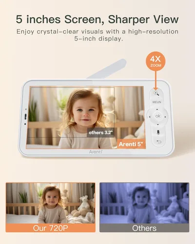 Miniatura 5 de ARENTI Monitor de bebé 2 cámaras, cámara inteligente para bebé con pantalla inalámbrica de 5 pulgadas, visión nocturna super, sensor de temperatura