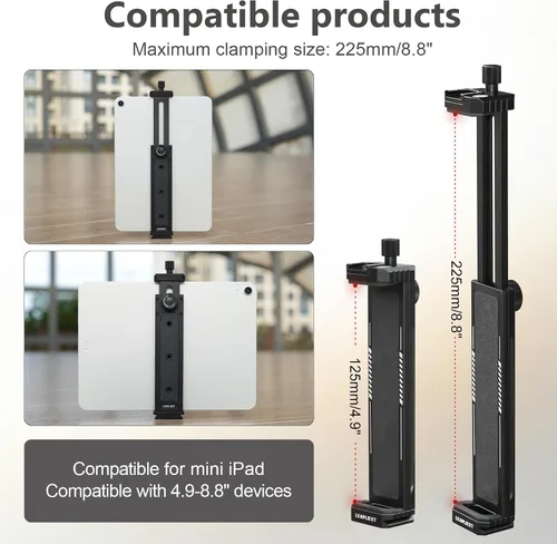 Miniatura 2 de Soporte para iPad de aleación de aluminio para trípode, compatible con iPad mini y tabletas de 5-8.8 pulgadas, tornillo de 1/4 pulgadas y liberación