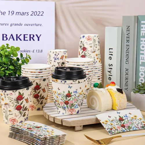 Miniatura 4 de JarThenaAMCS 50 juegos de tazas de café florales vintage con tapas y fundas de 8 onzas, tazas de papel de flores silvestres, desechables