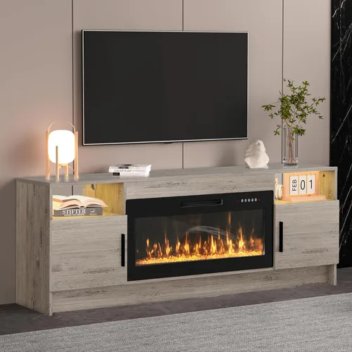 Miniatura 11 de Kucreiheat Soporte de TV negro con chimenea, luces LED, centro de entretenimiento para TV de hasta 80 pulgadas, consola de TV moderna para sala
