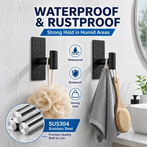 Miniatura 6 de 8 ganchos para toallas resistentes para colgar, ganchos adhesivos de pared con tiras extraíbles, adhesivos sin daños, para exteriores, para baños
