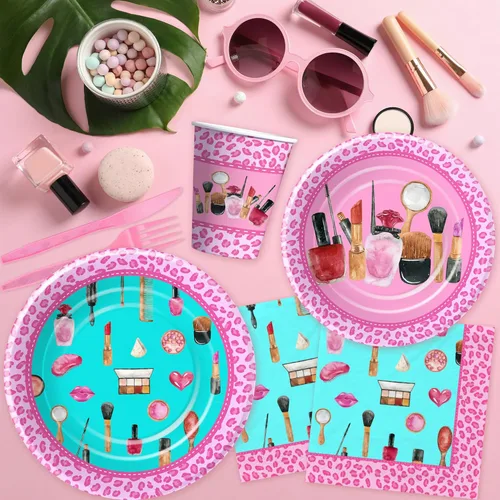 Miniatura 7 de Suministros de fiesta de cumpleaños de spa para niñas, decoración de fiesta de maquillaje para el día de spa, vajilla, plato de papel, taza