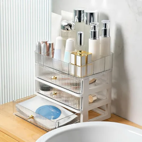 Miniatura 6 de Organizador de maquillaje transparente con 3 cajones, organizador de baño y almacenamiento, ideal para escritorio y tocador de cómoda, excelente