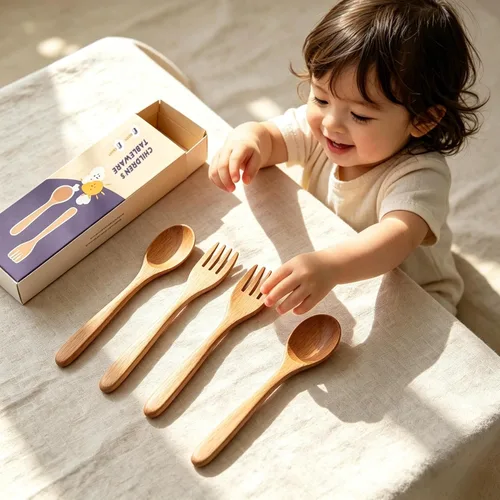 Miniatura 3 de YFWOOD 4 utensilios para niños pequeños, tenedores y cucharas de madera natural, esenciales para la alimentación del bebé, cubiertos seguros