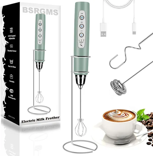Miniatura 11 de BSRGMS Espumador de leche de mano para café, batidor eléctrico de 3 velocidades ajustables, mezclador de bebidas con 3 batidores de acero