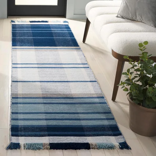 SAFAVIEH Striped Kilim Collection STK707M - Alfombra de lana de tejido plano de 2 pies 3 pulgadas x 8 pies, color azul/beige