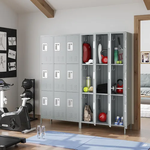 Miniatura 5 de MIIIKO Taquillas metálicas de 3 niveles de 3 anchos, 72 x 36 x 16 pulgadas con 9 compartimentos, armario grande para empleados con estantes, puertas