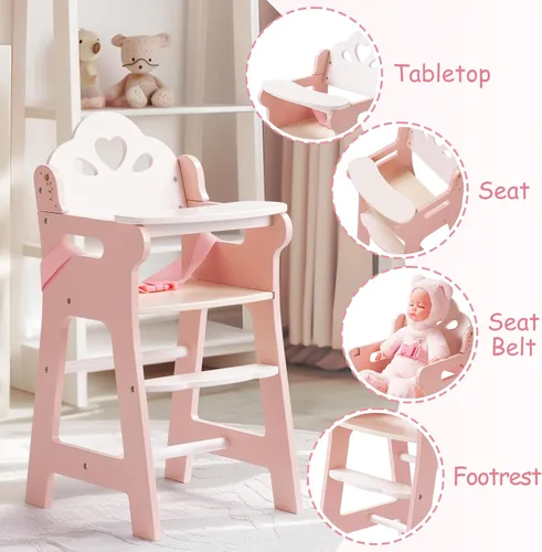 Miniatura 9 de ROBUD Silla alta de muñeca de bebé, silla alta de juego de simulación con cinturón de seguridad, accesorios de muñeca de madera rosa con mesa móvil