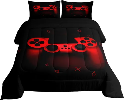 Miniatura 13 de Juego de edredón de videojuegos para niños, niñas y hombres, juego de ropa de cama con estampado de consola de videojuegos negro, decoración