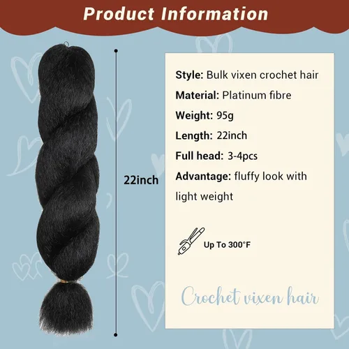 Miniatura 2 de Extensiones de cabello rizado rizado de 22 pulgadas con ganchillo de zorra - Fibras sintéticas Yaki de alta calidad negro natural para mujeres 1B-22