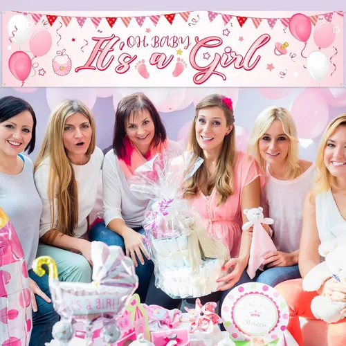 Miniatura 4 de Cartel con texto en inglés "It's a Girl", decoración de baby shower, horizontal de tela rosa, grande, de tela grande, con texto en inglés "It is a