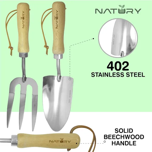 Miniatura 3 de Juego de herramientas de jardín – Herramientas de mano de jardinería de acero inoxidable premium con mango de madera de haya maciza – Kit