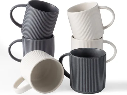 Miniatura 18 de Juego de Tazas de Café Famiware para 6, Tazas de 12 oz con Asa para Café, Té, Cacao, Leche - Juego de Vajilla de Cerámica y Gres, Blanco Mate Blanco