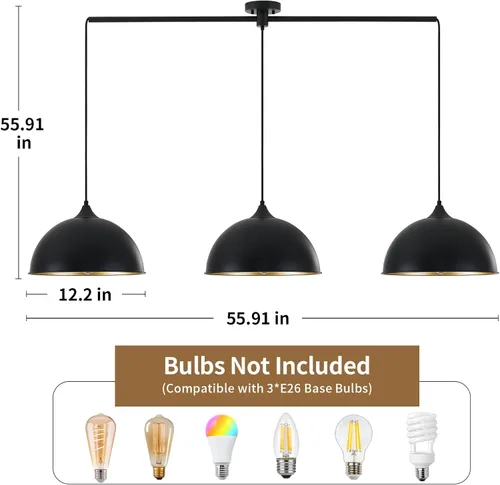 Miniatura 2 de Luces colgantes para isla de cocina, paquete de 3 lámparas colgantes de cúpula con acabado negro y dorado, lámpara colgante industrial para comedor