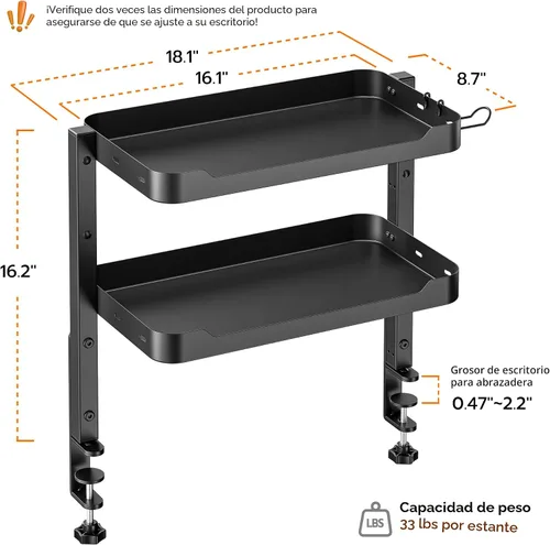 Miniatura 2 de ARES WING Estante de escritorio con abrazadera de 2 niveles, estantes de almacenamiento ajustables de 16 pulgadas sobre o debajo del escritorio