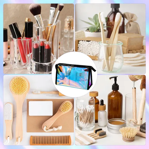 Miniatura 5 de BESARME Bolsas de maquillaje holográficas a granel para mujer, bolsa de aseo portátil transparente con cremallera, Negro holográfico