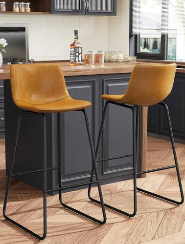 Miniatura 25 de REONEY Juego de 2 taburetes de bar de piel sintética de 26 pulgadas, taburetes de bar modernos con patas de metal y reposapiés, sillas urbanas sin