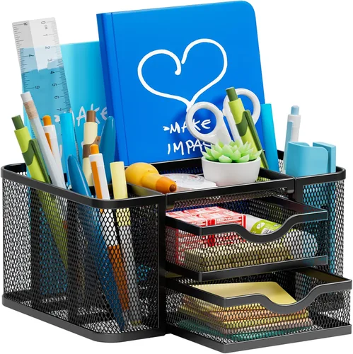 Marbrasse Organizador de escritorio de malla, portaplumas con 2 cajones, portalápices multifuncional, organizadores de escritorio y accesorios con 5