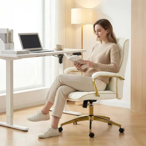 Miniatura 7 de Furniliving Silla de oficina blanca y dorada, sillas de oficina de cuero, silla de tocador ajustable con patas doradas y reposabrazos acolchado