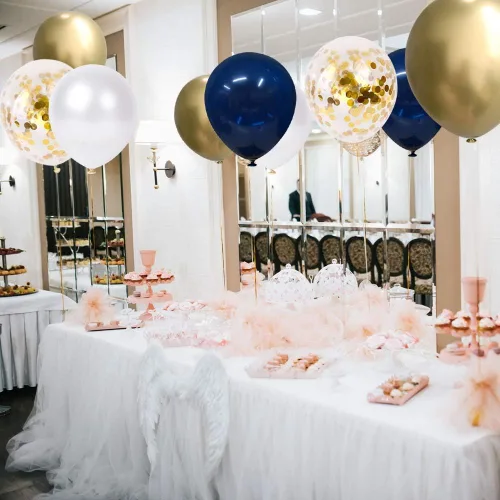 Miniatura 7 de Globos de confeti azul marino y dorados, 50 unidades de 12 pulgadas, globos de cumpleaños de perla blanca y dorados metálicos cromados