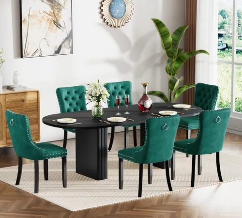 Miniatura 19 de Juego de 4 mesas de comedor extensibles, mesa de comedor ovalada negra y 4 sillas de comedor de terciopelo negro con patas de madera, juego de mesa