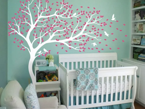Miniatura 14 de Vinilo decorativo para pared de árbol grande con pájaros y hojas que soplan en el viento, adhesivo mural de bosque