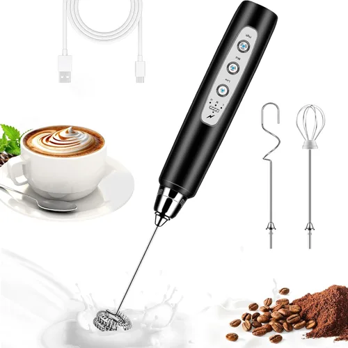 Miniatura 20 de BSRGMS Espumador de leche de mano para café, batidor eléctrico de 3 velocidades ajustables, mezclador de bebidas con 3 batidores de acero