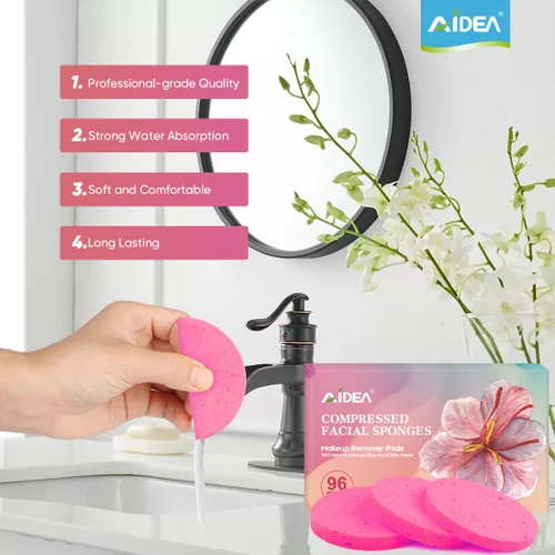 Miniatura 4 de AIDEA 96 esponjas faciales comprimidas, color rosa, esponjas faciales redondas para limpieza, esponjas cosméticas de celulosa natural, esponjas