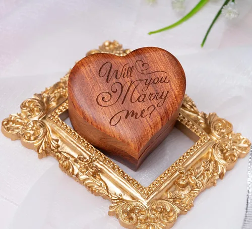 Miniatura 5 de MONYCraft Caja de anillo con forma de corazón Caja de madera hecha a mano para propuesta, caja de anillo de compromiso de madera, caja de anillo