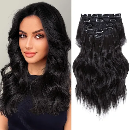 Miniatura 18 de NAYOO Extensiones de cabello con clip, de 20 pulgadas, largo, ondulado, rizado, rubio ceniza, extensiones de cabello sintético de cabeza completa