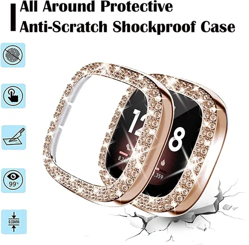 Miniatura 6 de Correa de cuero compatible con Fitbit Sense 2/Versa 4 para mujeres, elegante correa de cuero con hebilla metálica en forma de D con strass con funda