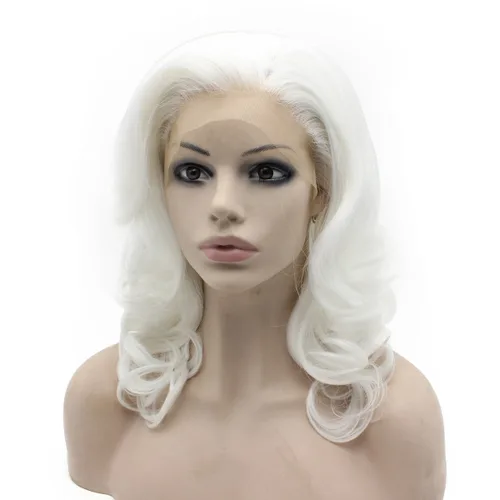 Miniatura 3 de Mxangel - Peluca de fiesta de disfraces con encaje frontal blanco ondulado hasta el hombro