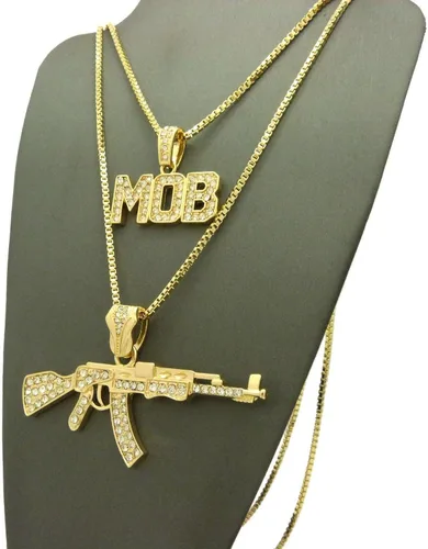 Miniatura 4 de Shiny Jewelers USA Juego de collar de cadena con colgante para hombre, pistola AK 47 picador pulgar, vida, Metal, Circonia cúbica