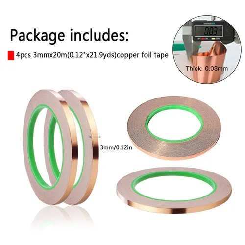 Miniatura 2 de Oubaka Paquete de 4 cintas de papel de aluminio, cinta de cobre de doble cara para blindaje EMI, circuitos de papel, reparaciones eléctricas, puesta