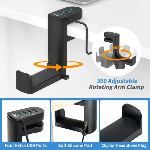 Miniatura 7 de KIWIFOTOS Soporte para auriculares con 4 puertos USB, soporte para auriculares para juegos de PC, abrazadera de rotación de 360 grados, soporte