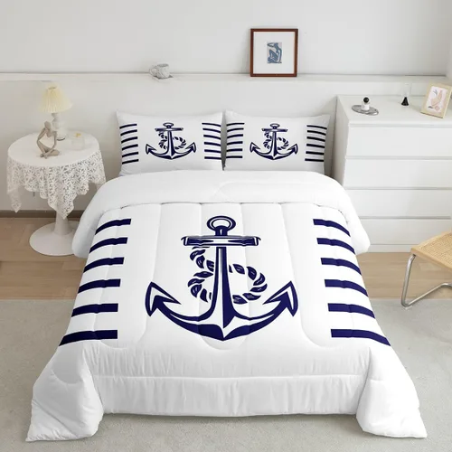 Miniatura 10 de Juego de edredón de brújula azul marino, tamaño individual, 2 piezas, diseño náutico de vela, estilo simple, para niños, adolescentes, adultos