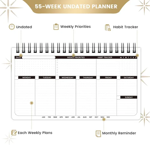 Miniatura 4 de Agenda semanal – Agenda sin fecha para todo el año, lista semanal de tareas, agenda diaria, semanal y mensual, planificador de objetivos programados