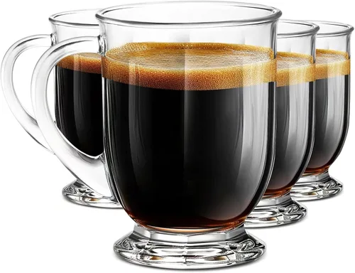 Miniatura 10 de Juego de 4 tazas de café de vidrio transparentes con cuchara, tazas de cerveza de vidrio transparente grande de 16 OZ con asa para bebidas