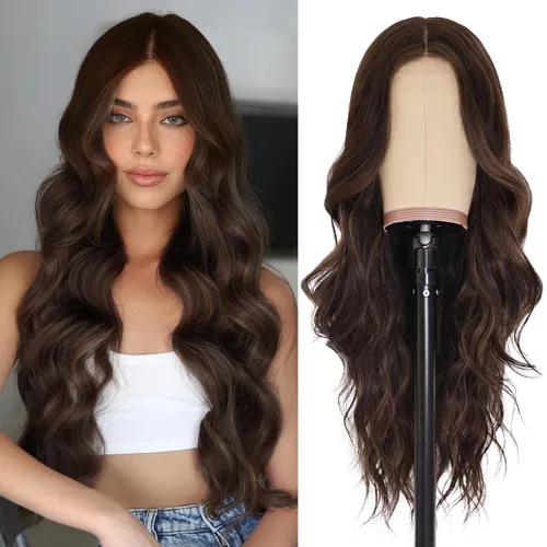 Miniatura 44 de NAYOO Pelucas marrones con flequillo para mujer, pelucas de cabello largo y ondulado, resistentes al calor, pelucas de fibra sintética para uso
