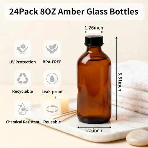Miniatura 2 de Paquete de 24 Botellas Redondas Boston de Vidrio Ámbar de 8 oz con Tapas de Policona Fenólica – Botellas Herméticas, A Prueba de Fugas para Extracto