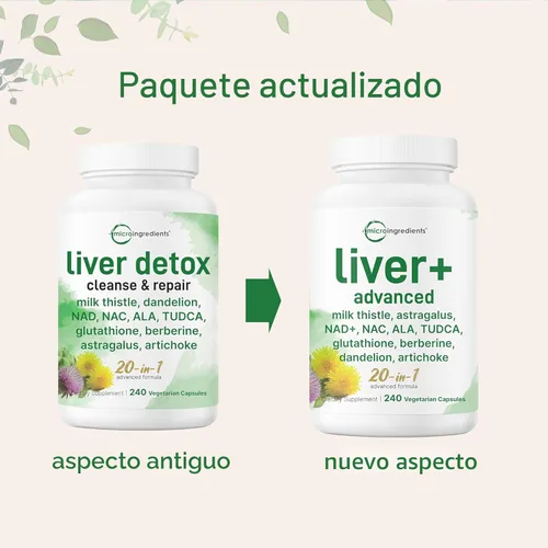 Miniatura 3 de Liver Advanced+, 240 cápsulas vegetales Complejo 20 en 1 con cardo mariano, diente de león, NAD, NAC, ALA, TUDCA, glutatión, alcachofa, cúrcuma