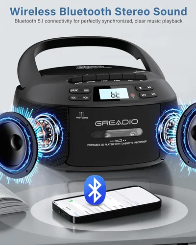 Miniatura 5 de Greadio Boombox - Reproductor de CD y cassette, Boom Box, reproductores de CD portátiles para el hogar con Bluetooth, compatible con radio AM FM
