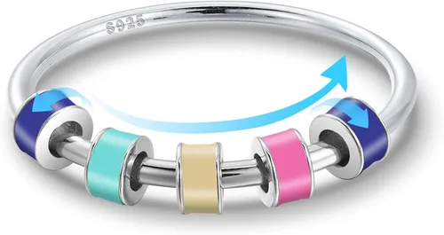 Miniatura 4 de LOVECOM Anillo giratorio de plata de ley 925 con cuentas esmaltadas coloridas para mujer, anillo giratorio antiansiedad, giratorio, apilable