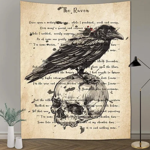 Miniatura 18 de FEASRT Tapiz gótico de calavera y cuervo, tapiz de pared The Raven Edgar Allan Poe, póster rústico de 51 x 60 pulgadas para sala de estar