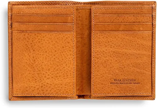 Miniatura 2 de VASA - Carteras verticales de cuero de grano superior de coñac para hombre, billetera plegable minimalista de lujo europea con RFID y soporte