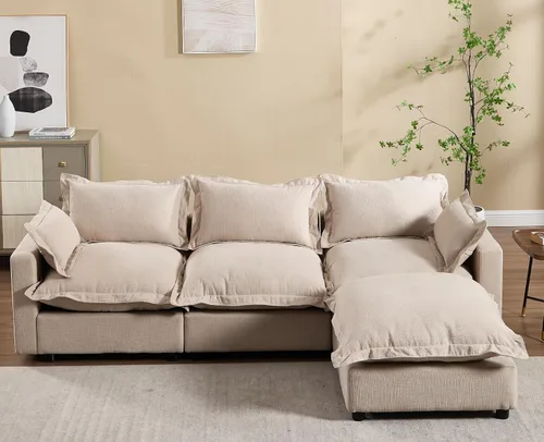 Miniatura 21 de chairus Sofá modular modular de 97 pulgadas con asiento profundo otomano movible, juego de sofá de lino con almohadas suaves en forma de L para sala