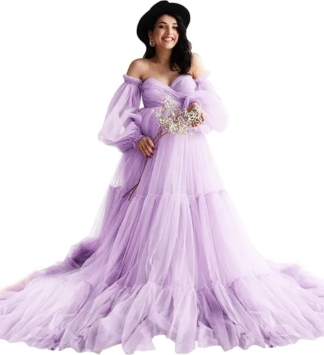 Vestido de tul para baby shower, con volantes, vestido de maternidad para sesión de fotos, manga larga, vestidos de maternidad para sesión de fotos