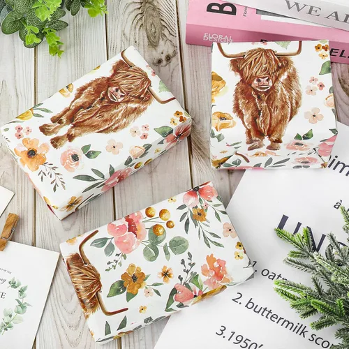 Miniatura 3 de AnyDesign Papel de regalo de vaca de las tierras altas de las tierras altas, no enrollable, papel de regalo de vaca con flores, plegado plano